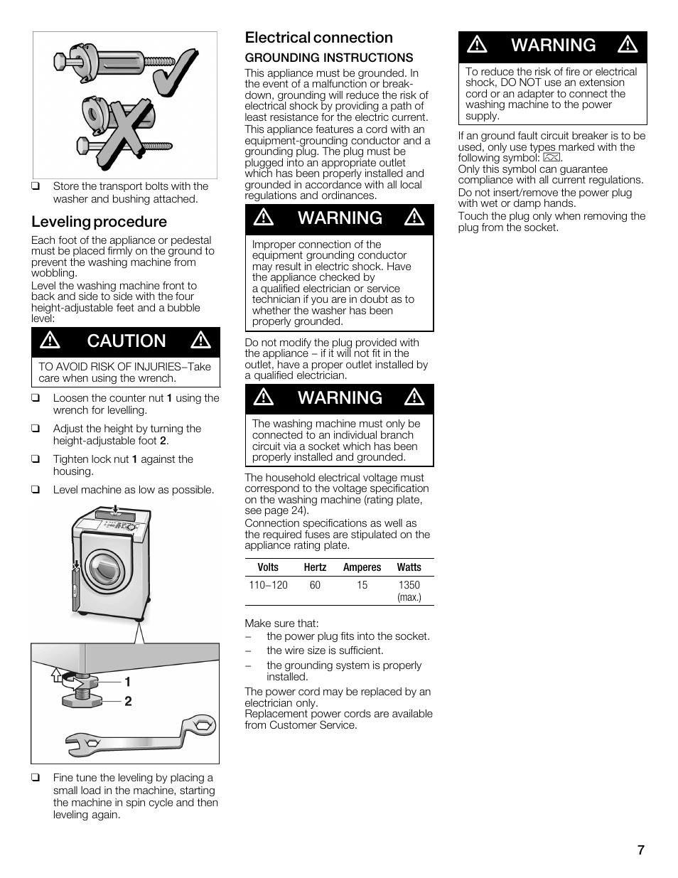 Caution, Warning, Leveling procedure | Electrical connection | Bosch WFMC3301UC User Manual | Page 7 / 80