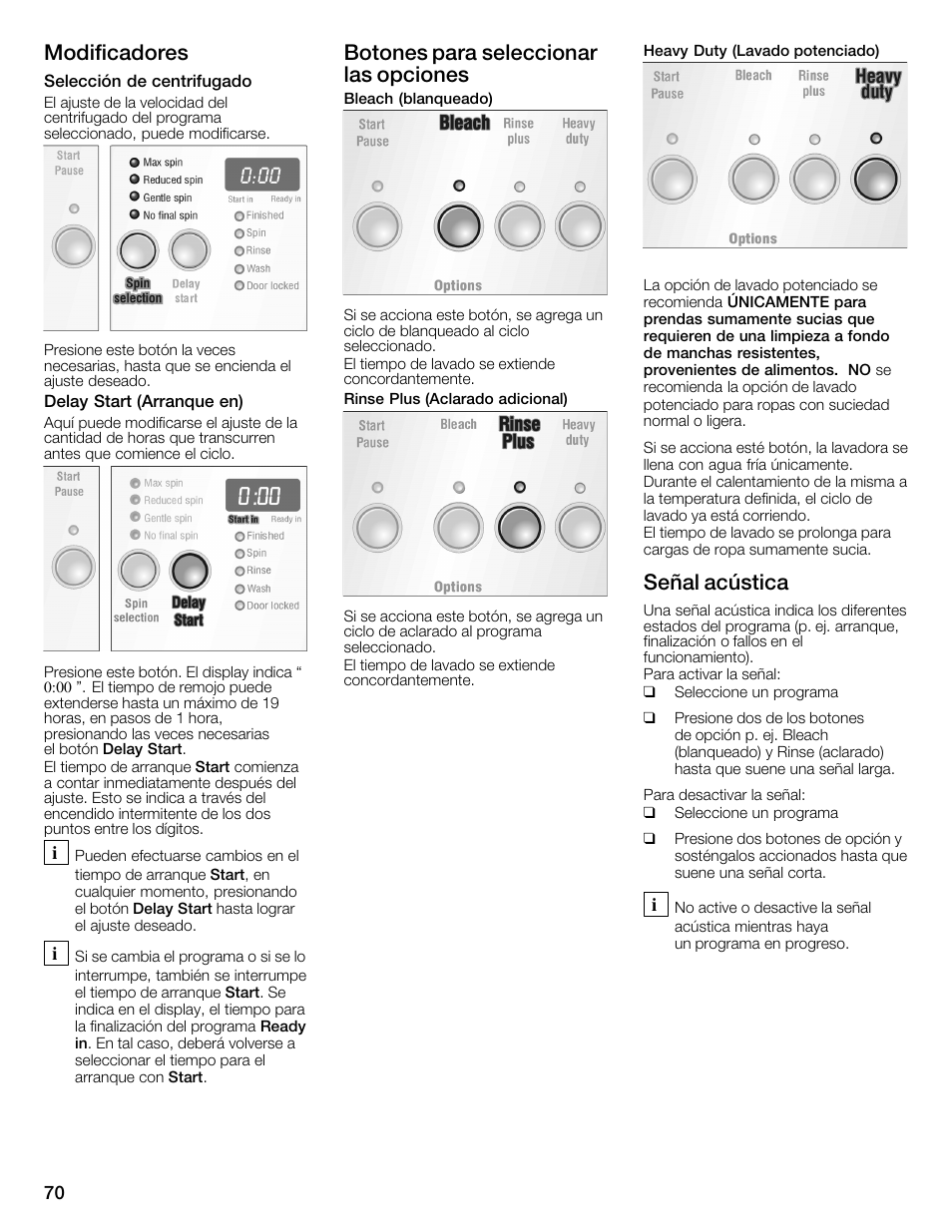 Modificadores, Botones para seleccionar las opciones, Señal acústica | Bosch WFMC3301UC User Manual | Page 70 / 80