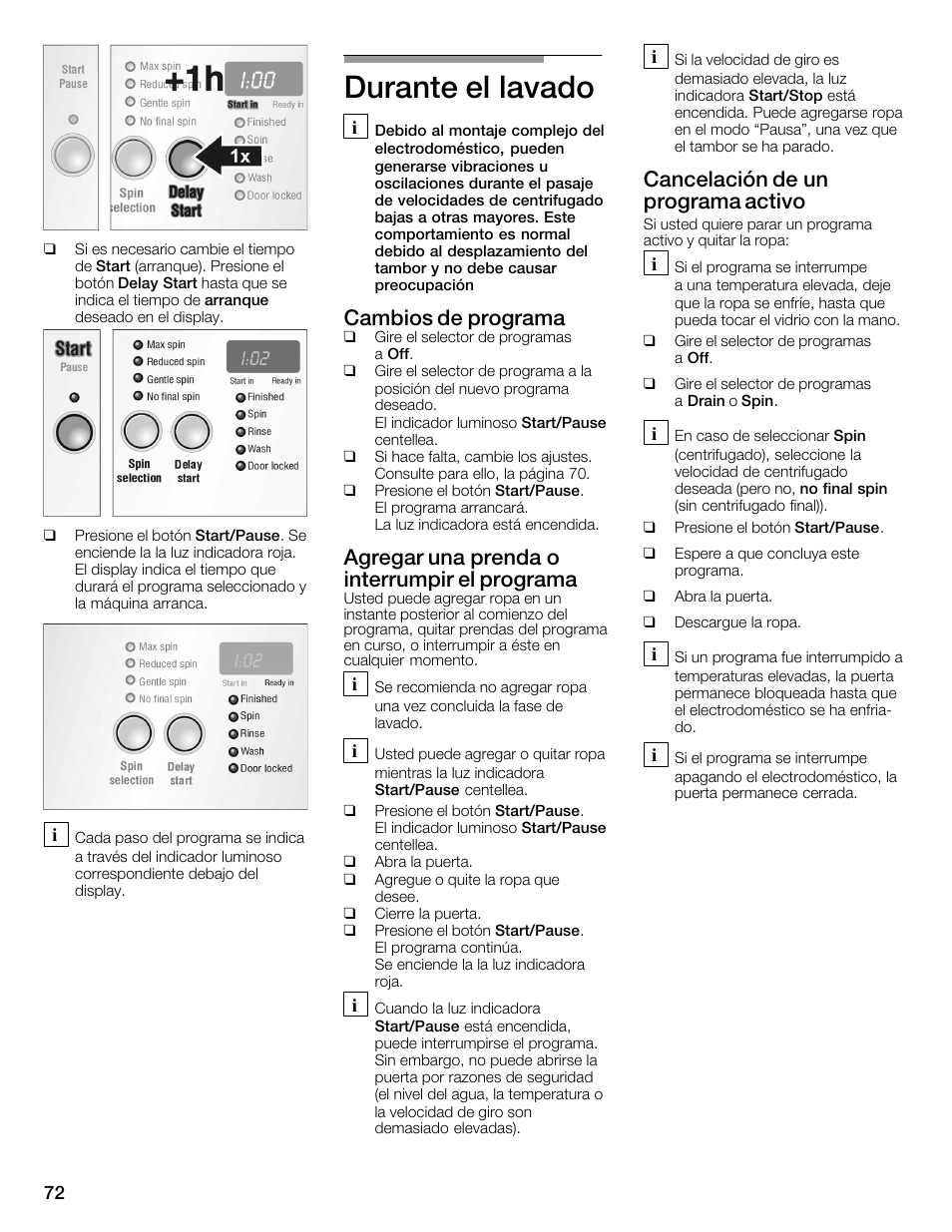 Durante elălavado, Cambios de programa, Agregar una prenda o interrumpir el programa | Cancelación de un programa activo | Bosch WFMC3301UC User Manual | Page 72 / 80