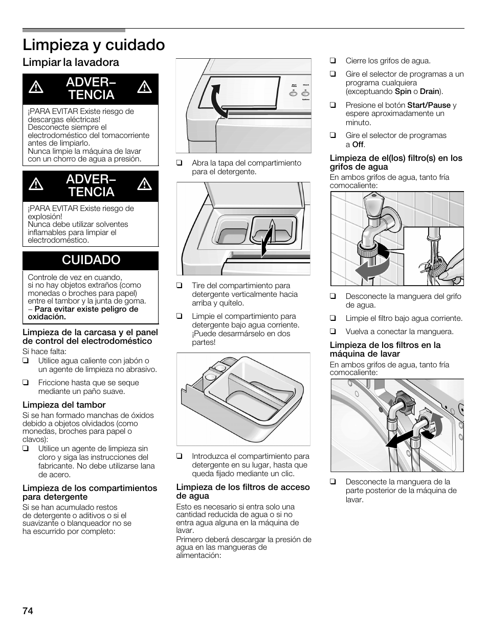 Limpieza y cuidado, Adver- tencia, Cuidado | Limpiar la lavadora | Bosch WFMC3301UC User Manual | Page 74 / 80