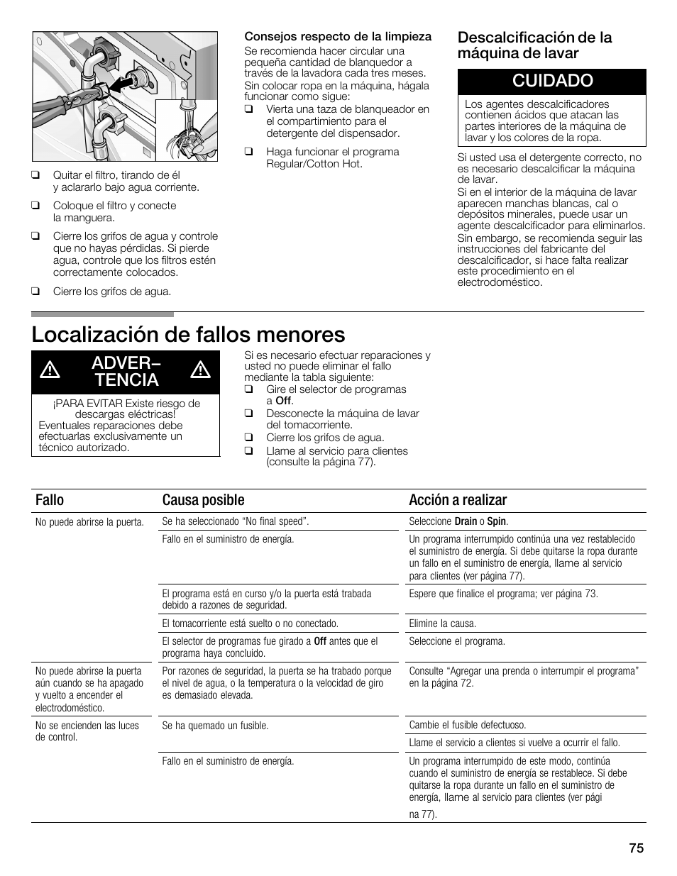 Localización de fallos menores d, Cuidado, Adver- tencia | Descalcificación de la máquina de lavar, Fallo causa posible acción a realizar | Bosch WFMC3301UC User Manual | Page 75 / 80