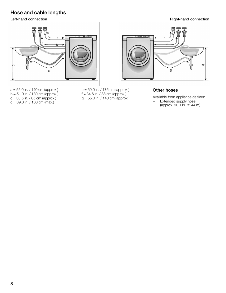 Hose and cable lengths | Bosch WFMC3301UC User Manual | Page 8 / 80