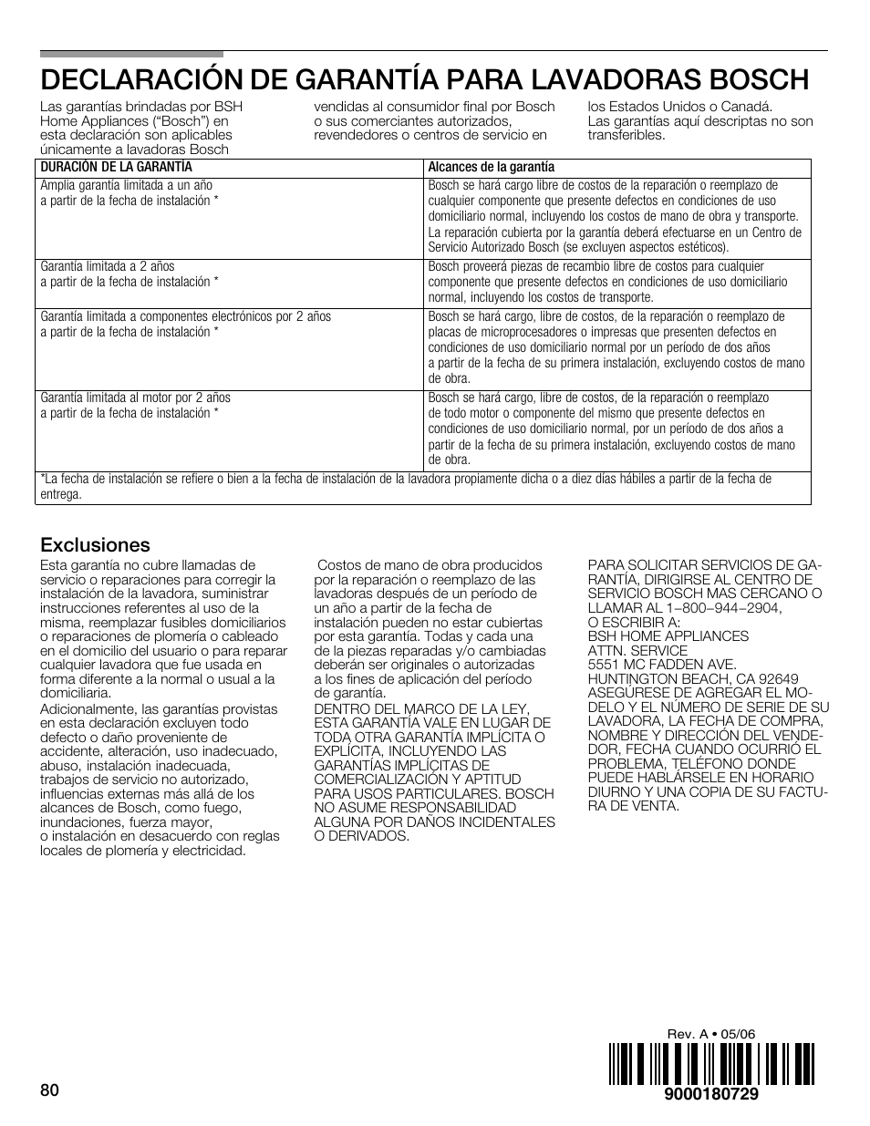 Declaración de garantía paraălavadoras bosch, Exclusiones | Bosch WFMC3301UC User Manual | Page 80 / 80