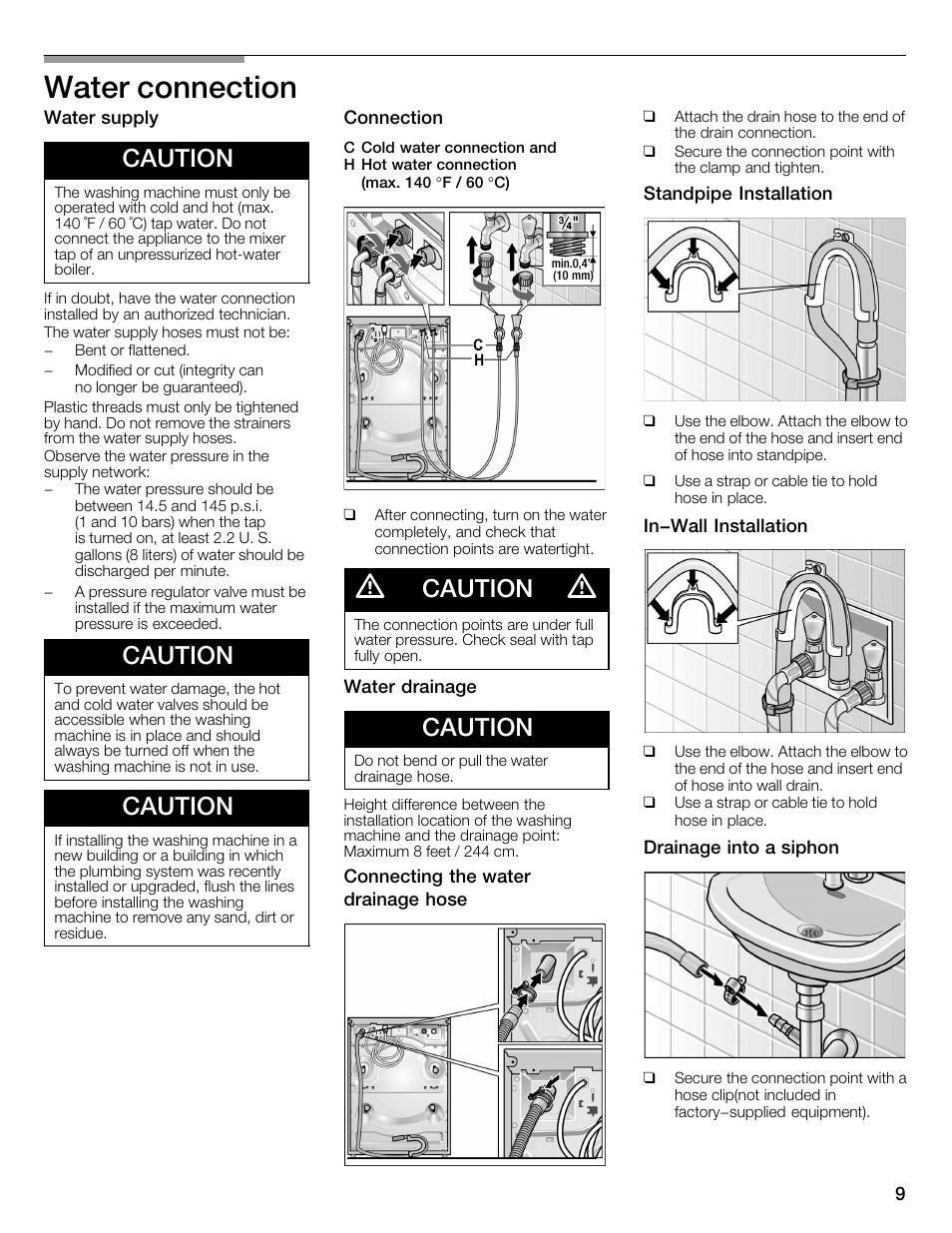 Water connection, Caution | Bosch WFMC3301UC User Manual | Page 9 / 80