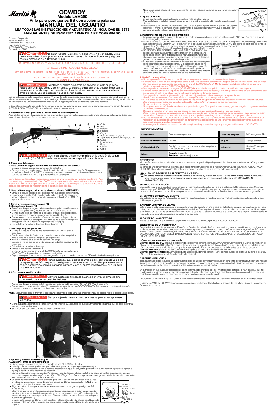 Cowboy, Manual del usuario, Advertencia | Crosman LAM350 User Manual | Page 2 / 3
