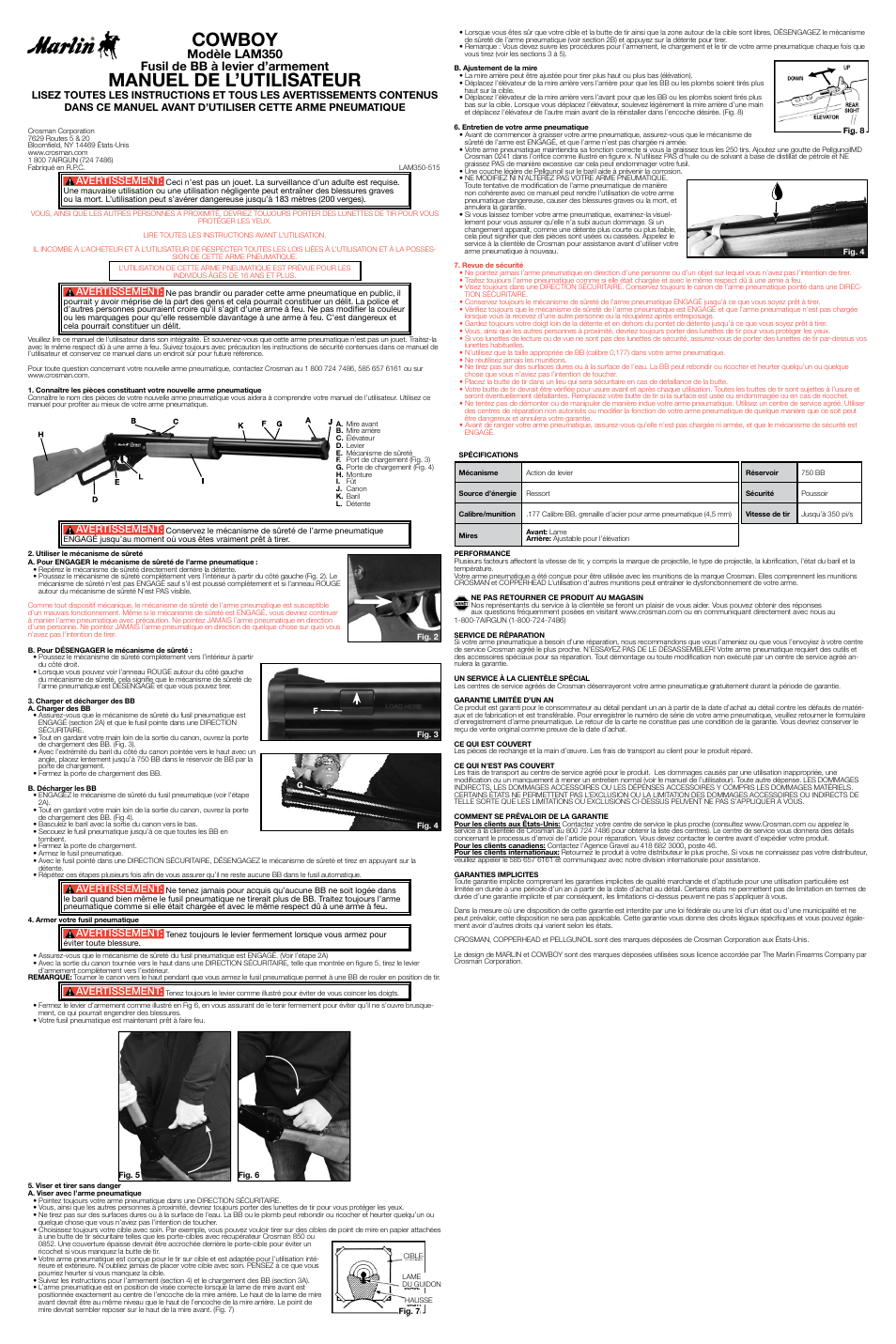 Cowboy, Manuel de l’utilisateur, Modèle lam350 fusil de bb à levier d’armement | Avertissement | Crosman LAM350 User Manual | Page 3 / 3