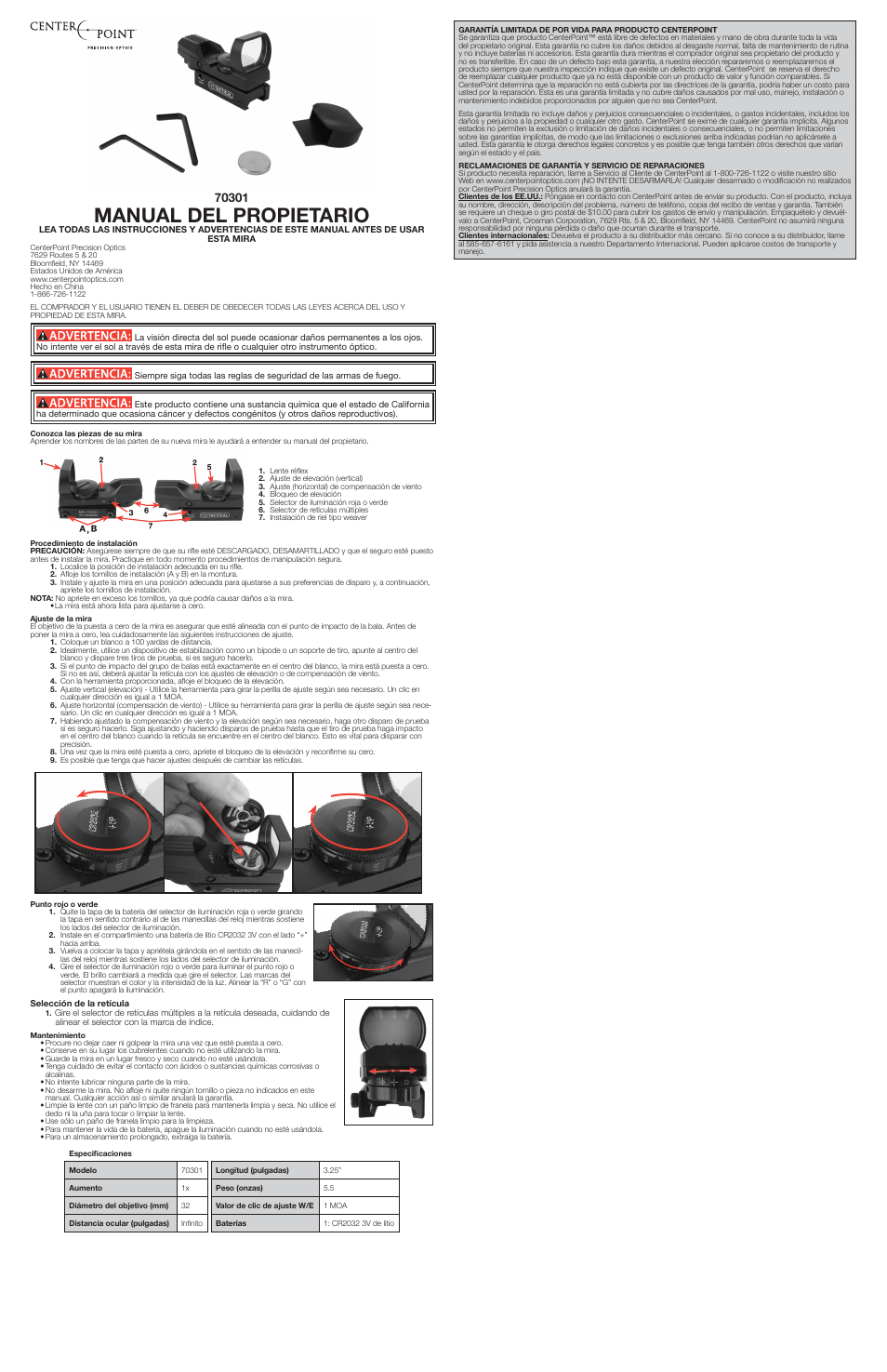 Manual del propietario | Crosman 70301 User Manual | Page 2 / 3