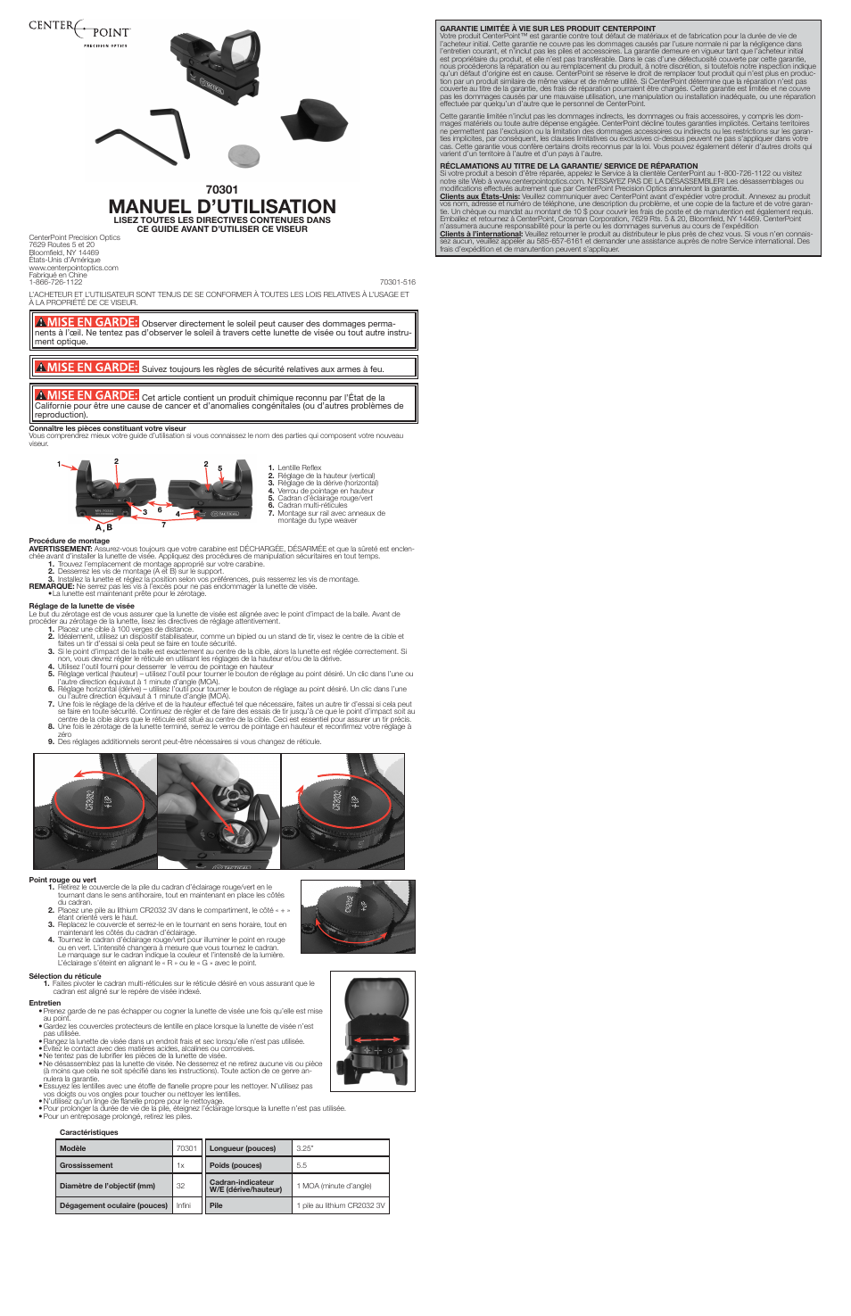 Manuel d’utilisation | Crosman 70301 User Manual | Page 3 / 3