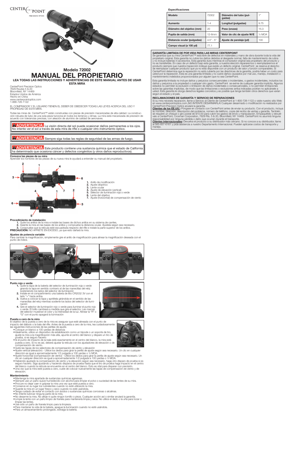 Manual del propietario | Crosman 72002 User Manual | Page 2 / 3