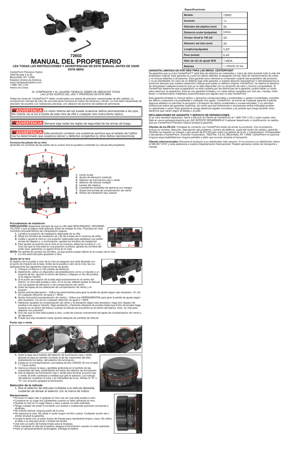 Manual del propietario | Crosman 72602 User Manual | Page 2 / 3