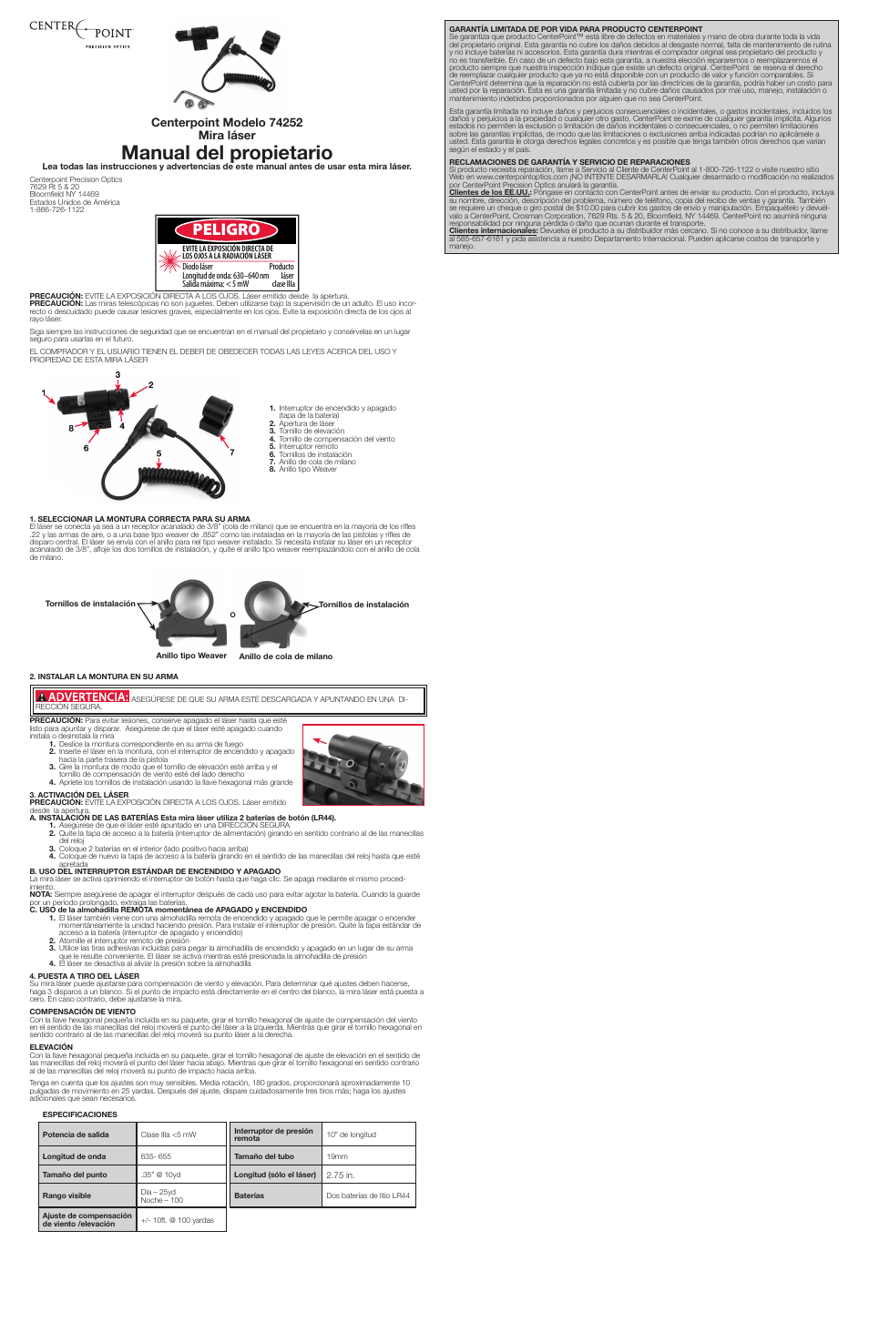 Manual del propietario, Peligro | Crosman 74252 User Manual | Page 2 / 3