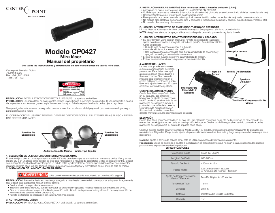 Modelo cp0427, Mira láser manual del propietario | Crosman CP0427 User Manual | Page 2 / 3