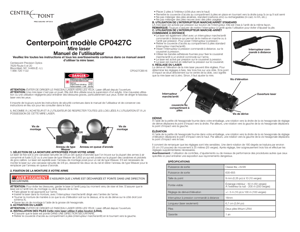 Centerpoint modèle cp0427c, Mire laser manuel de l’utilisateur | Crosman CP0427 User Manual | Page 3 / 3