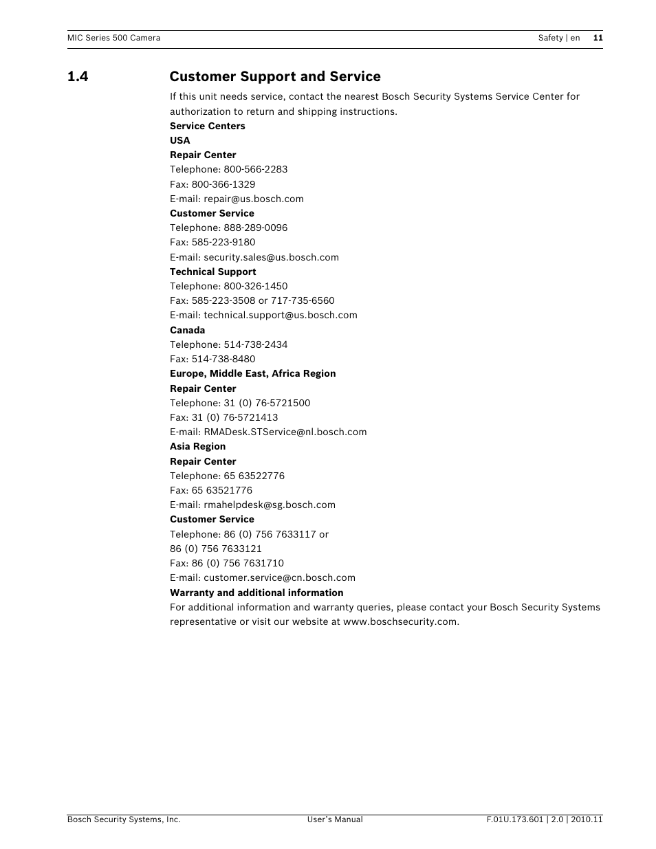 4 customer support and service | Bosch 500 User Manual | Page 11 / 56