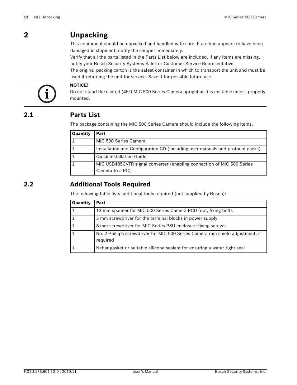 2unpacking, 1 parts list, 2 additional tools required | Bosch 500 User Manual | Page 12 / 56