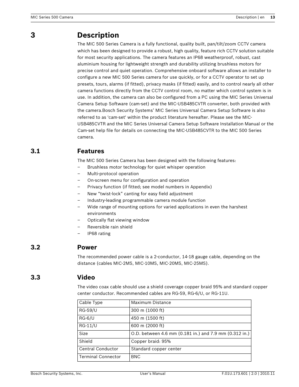 3description, 1 features, 2 power | 3 video | Bosch 500 User Manual | Page 13 / 56