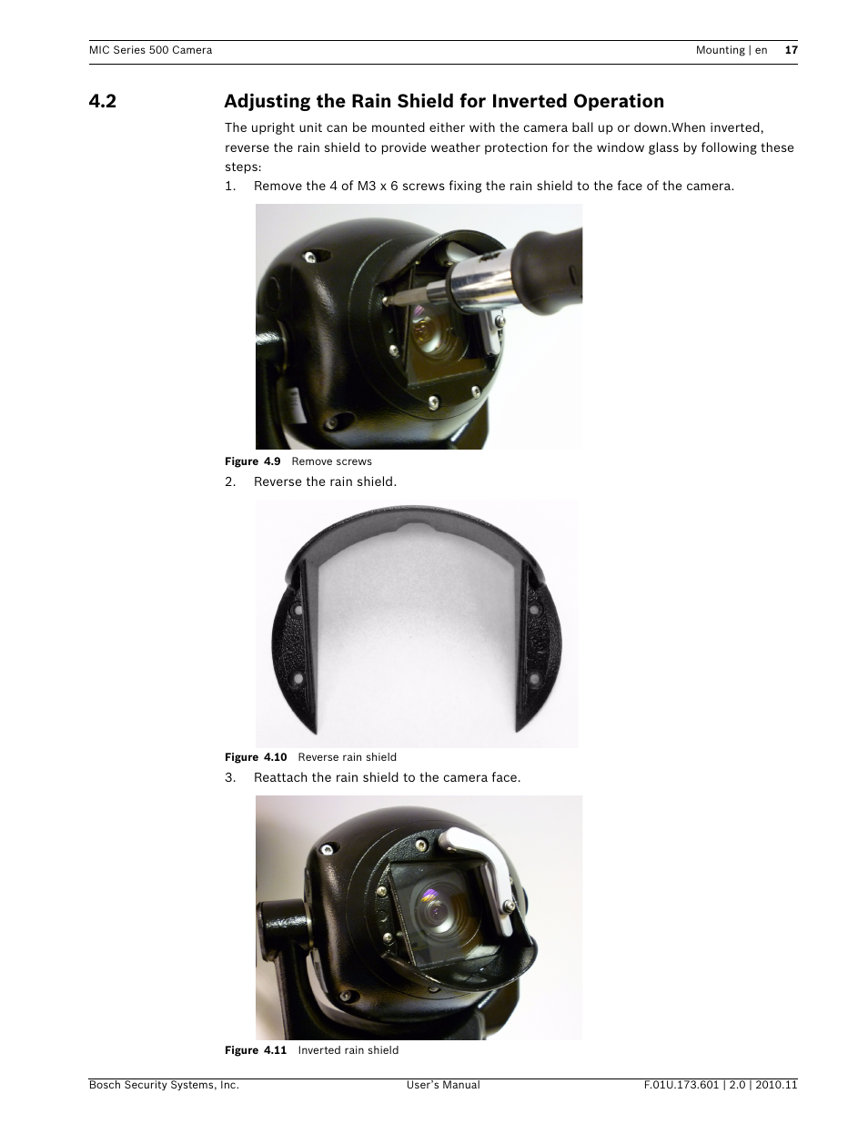 2 adjusting the rain shield for inverted operation | Bosch 500 User Manual | Page 17 / 56