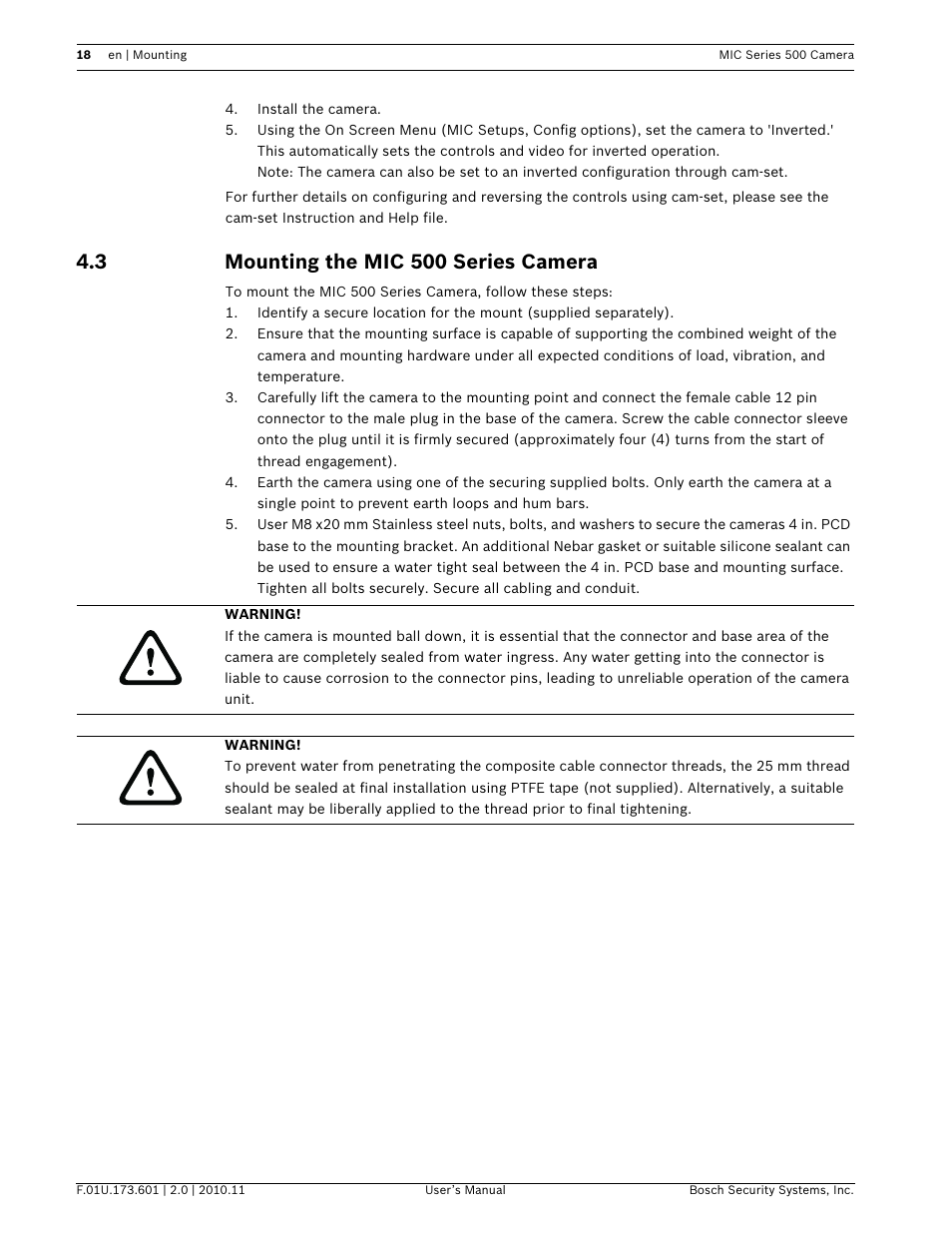 3 mounting the mic 500 series camera | Bosch 500 User Manual | Page 18 / 56