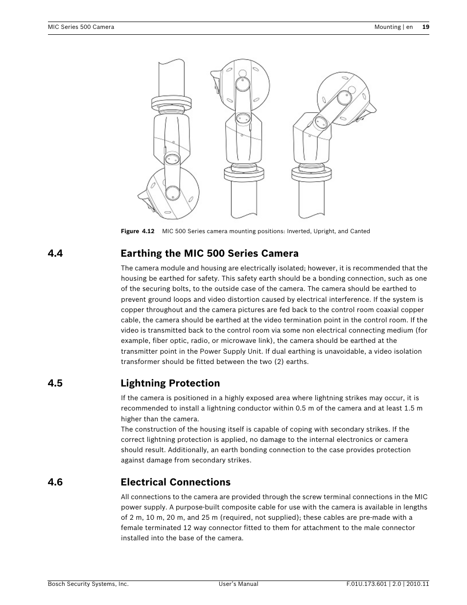 4 earthing the mic 500 series camera, 5 lightning protection, 6 electrical connections | Bosch 500 User Manual | Page 19 / 56