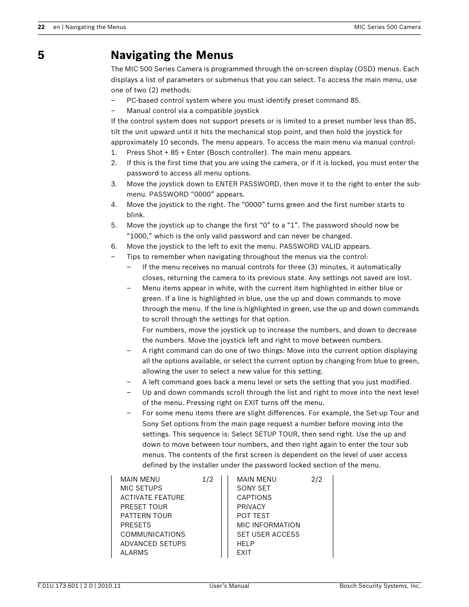 5navigating the menus | Bosch 500 User Manual | Page 22 / 56