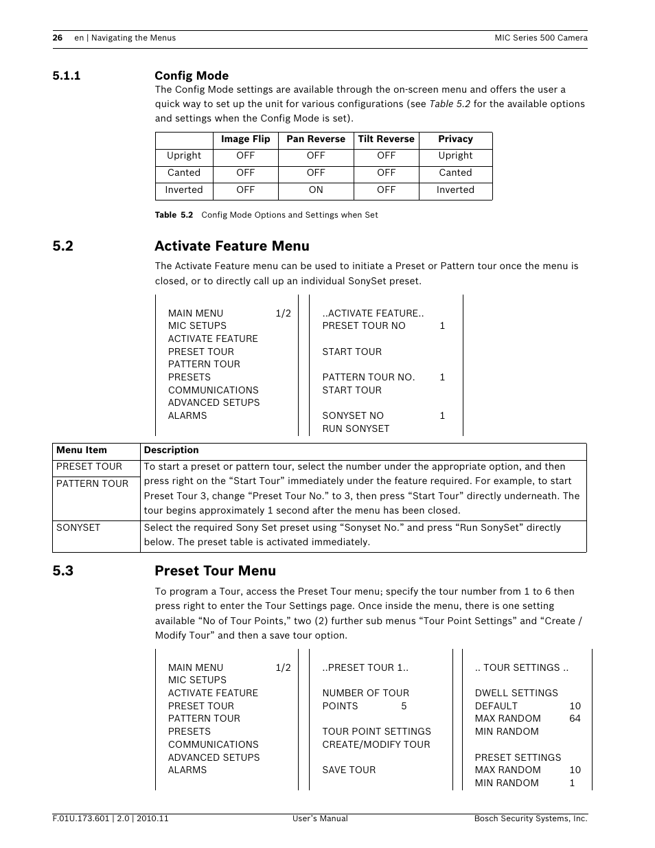 2 activate feature menu, 3 preset tour menu | Bosch 500 User Manual | Page 26 / 56