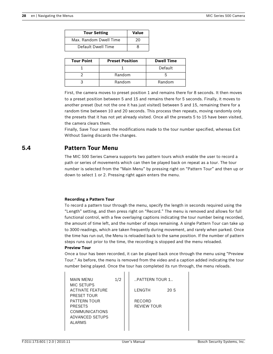 4 pattern tour menu | Bosch 500 User Manual | Page 28 / 56