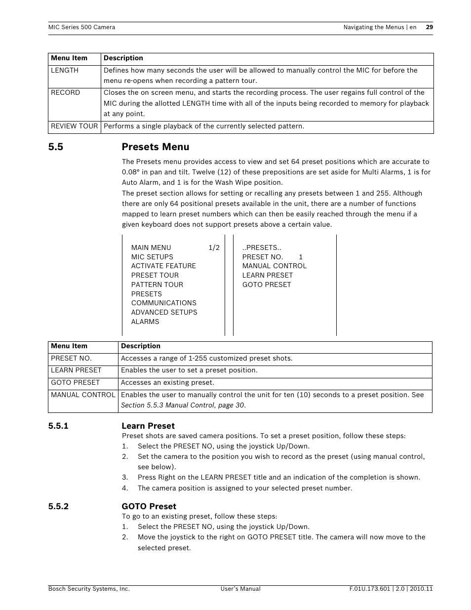 5 presets menu | Bosch 500 User Manual | Page 29 / 56