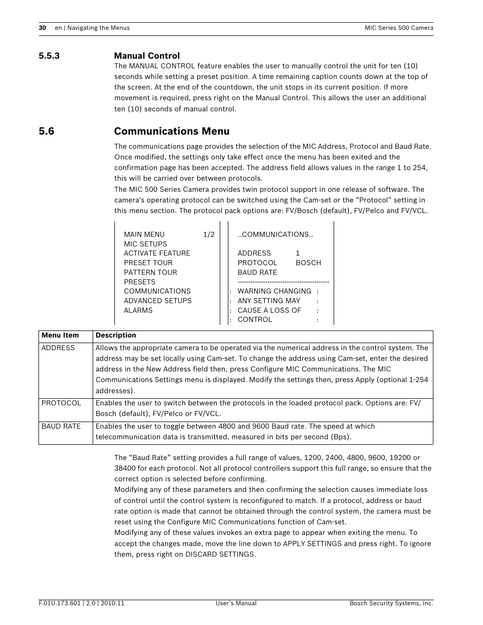 6 communications menu | Bosch 500 User Manual | Page 30 / 56