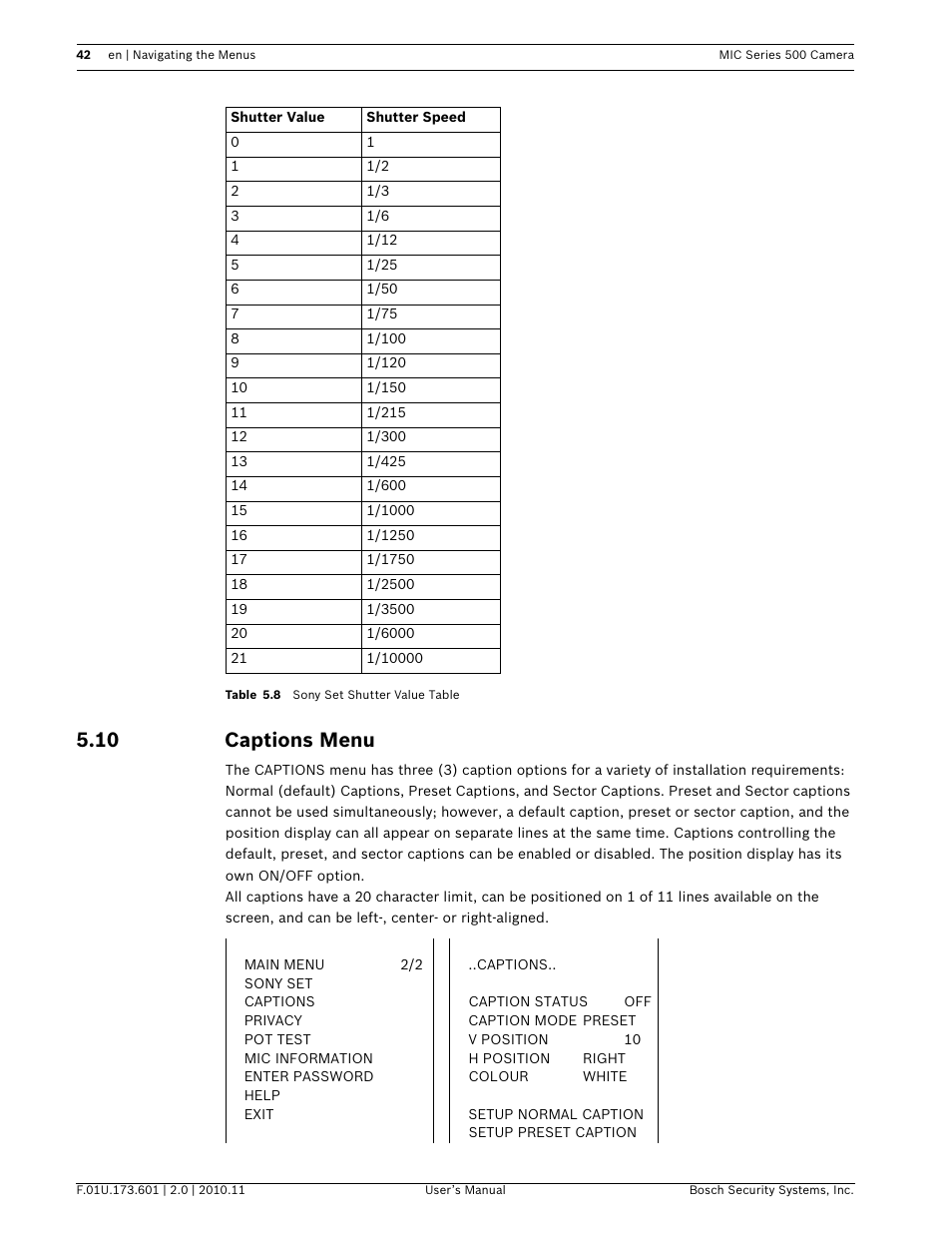 10 captions menu | Bosch 500 User Manual | Page 42 / 56