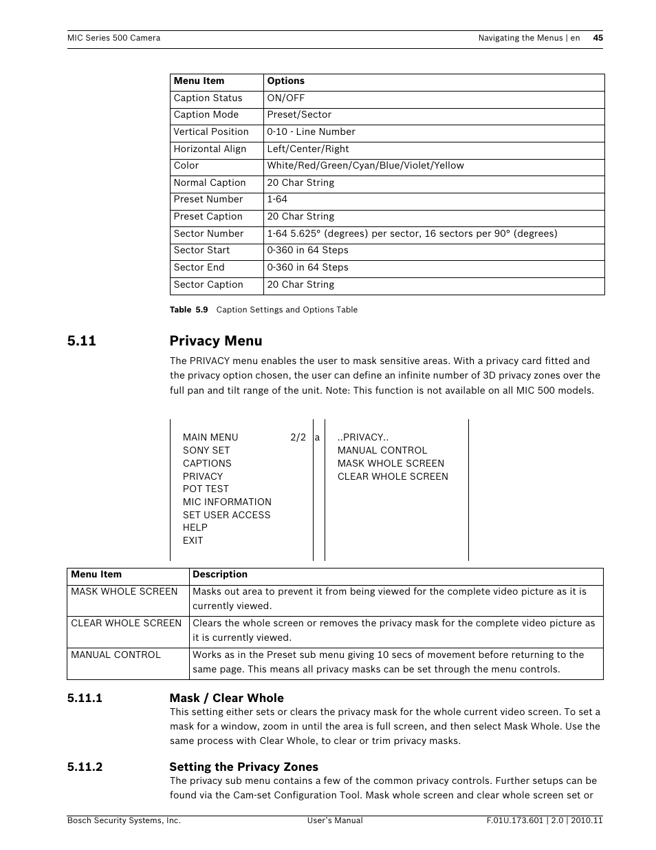 11 privacy menu | Bosch 500 User Manual | Page 45 / 56