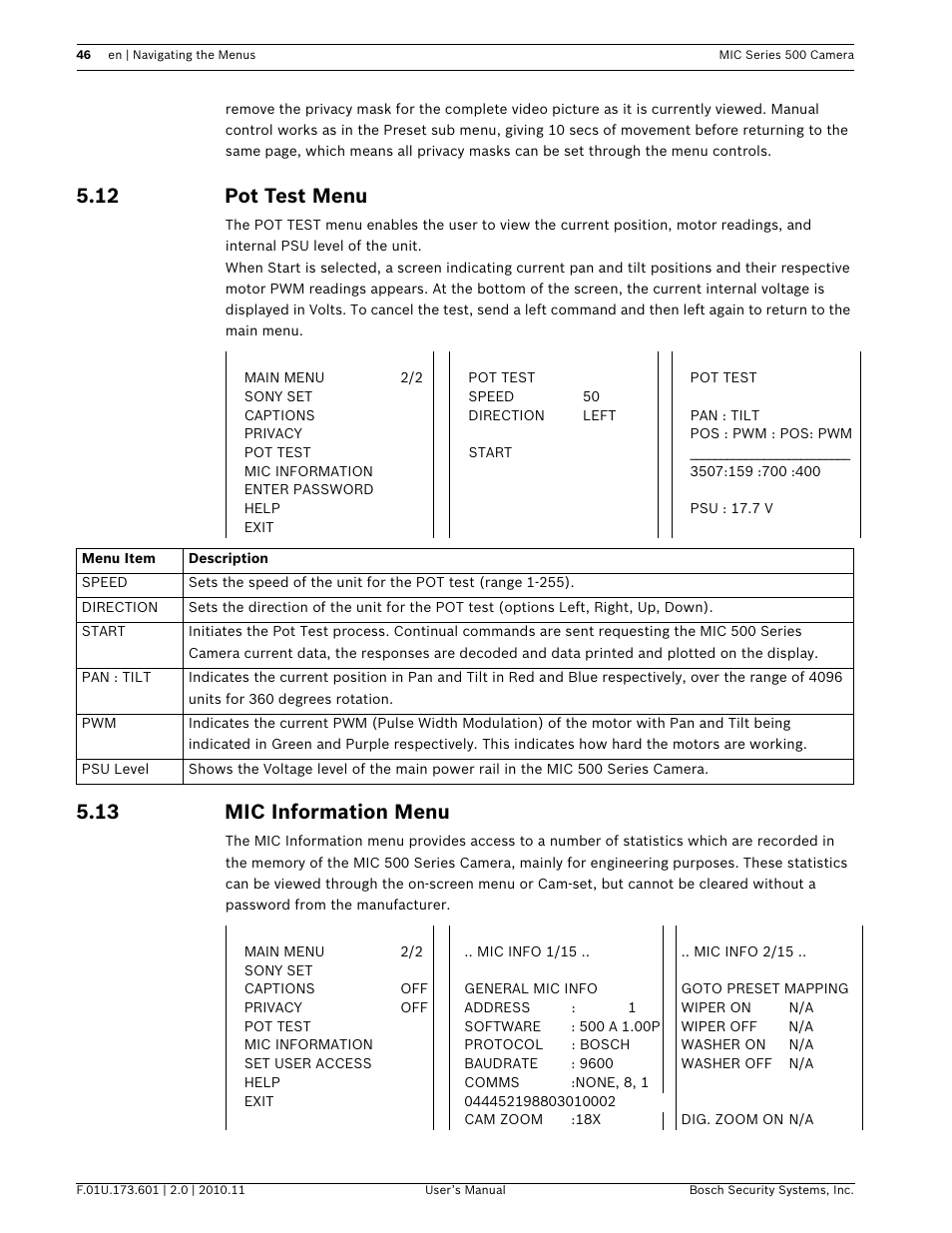 12 pot test menu, 13 mic information menu | Bosch 500 User Manual | Page 46 / 56