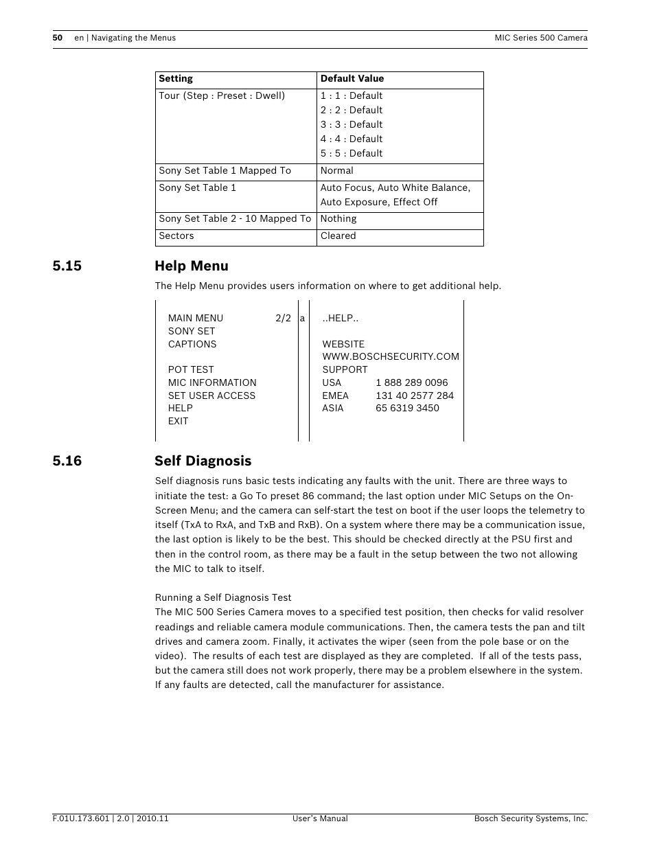 15 help menu, 16 self diagnosis | Bosch 500 User Manual | Page 50 / 56