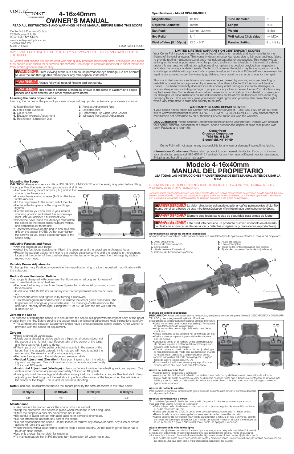 Crosman CPA416AORG2 User Manual | 2 pages