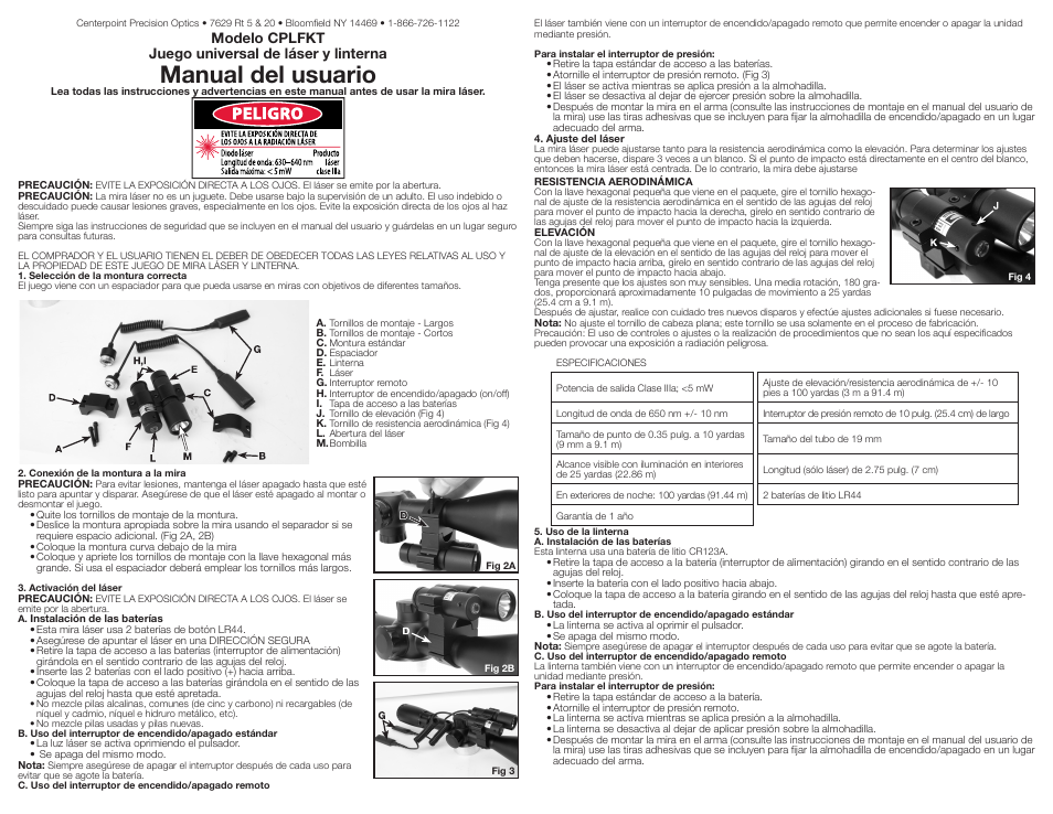 Manual del usuario, Modelo cplfkt juego universal de láser y linterna | Crosman CPLFKT User Manual | Page 2 / 3