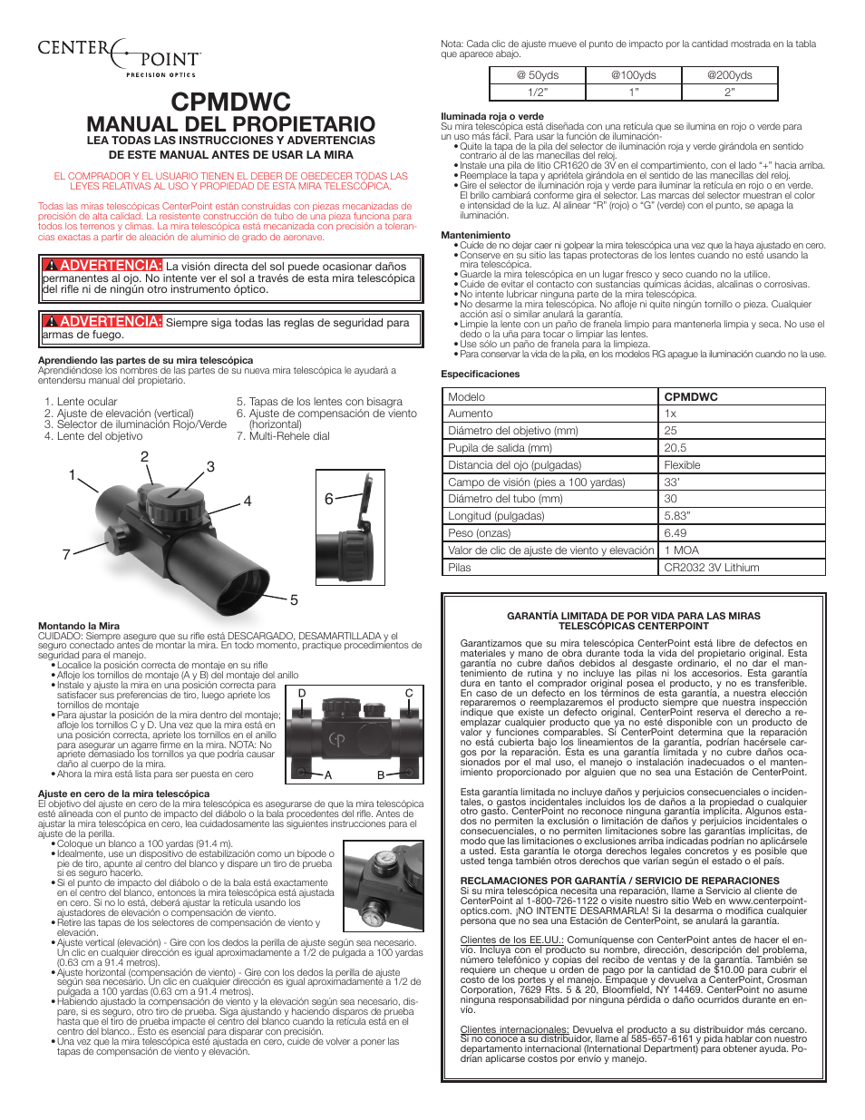 Cpmdwc, Manual del propietario | Crosman CPMDWC User Manual | Page 2 / 3