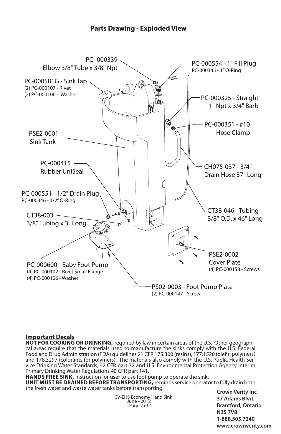 Parts drawing - exploded view | Crown Verity CV-EHS User Manual | Page 2 / 4