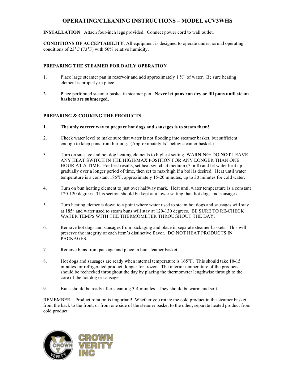 Crown Verity CV3WHS User Manual | 2 pages