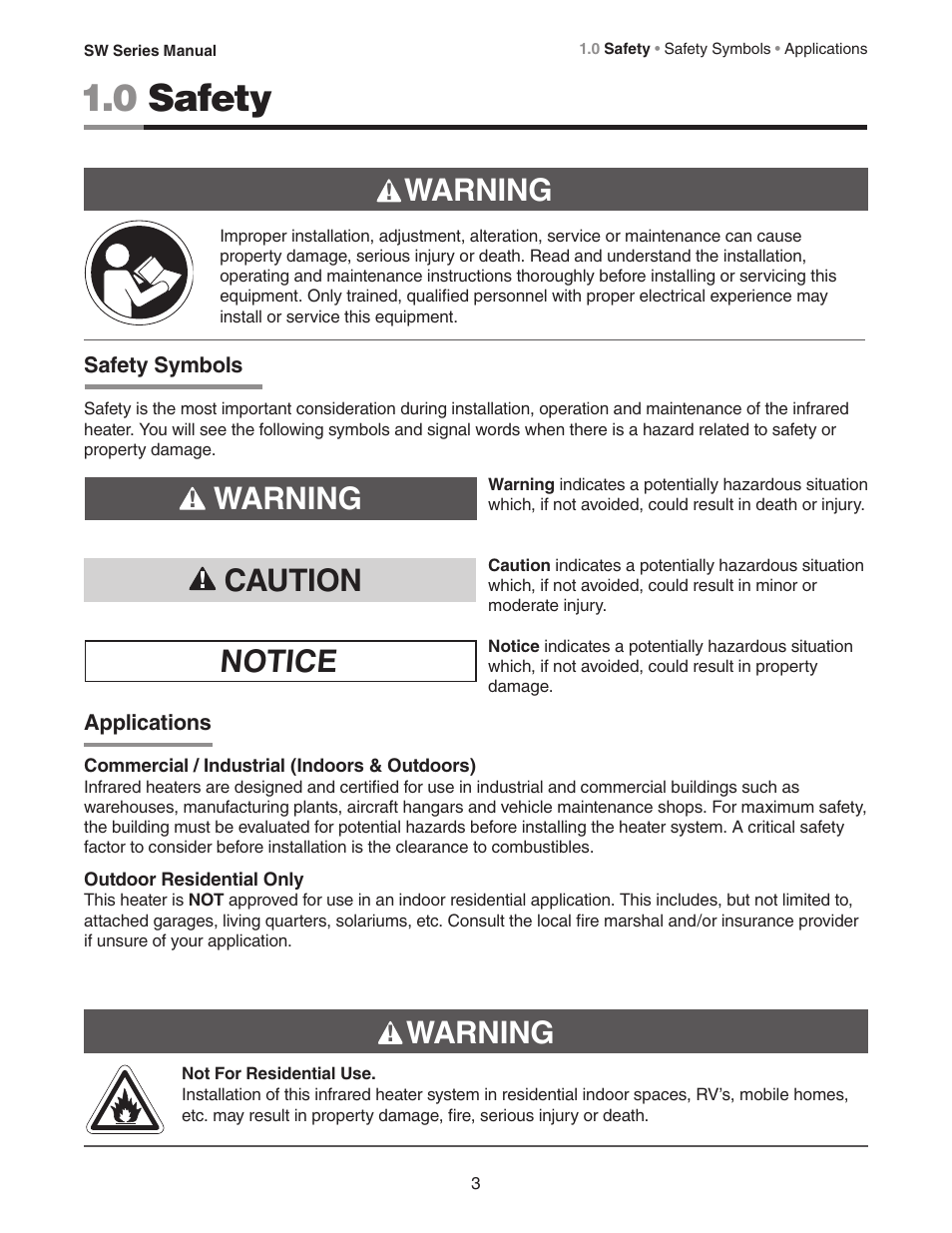 0 safety, Notice warning, Caution | Warning | Crown Verity SW Series User Manual | Page 3 / 20