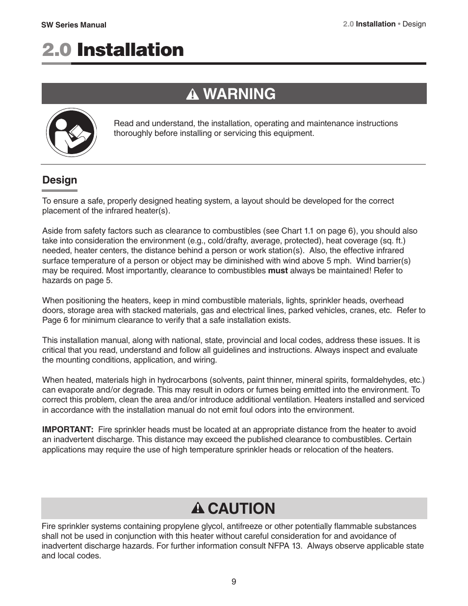 0 installation, Caution, Warning | Crown Verity SW Series User Manual | Page 9 / 20