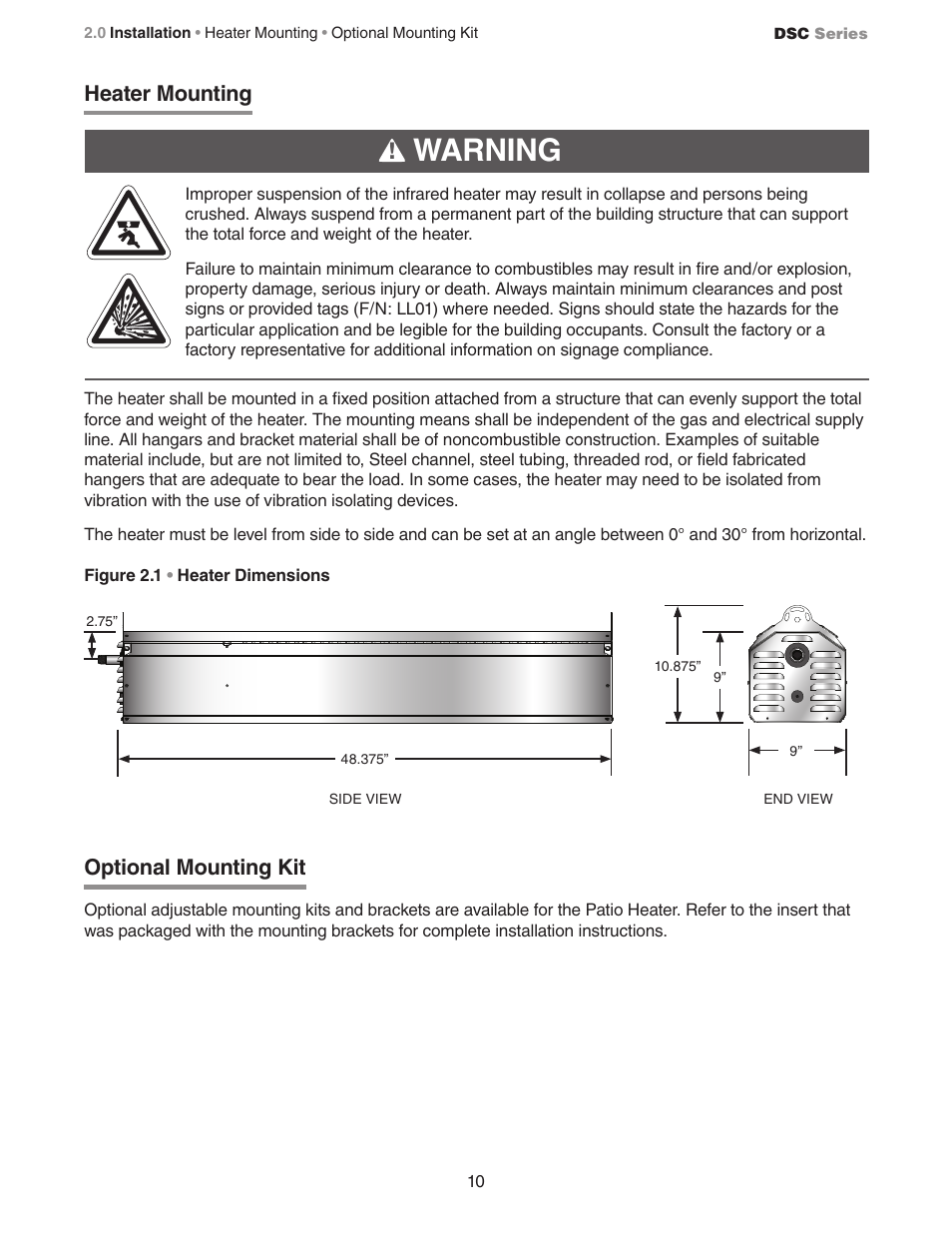Warning, Heater mounting, Optional mounting kit | Crown Verity DSC Series User Manual | Page 10 / 28