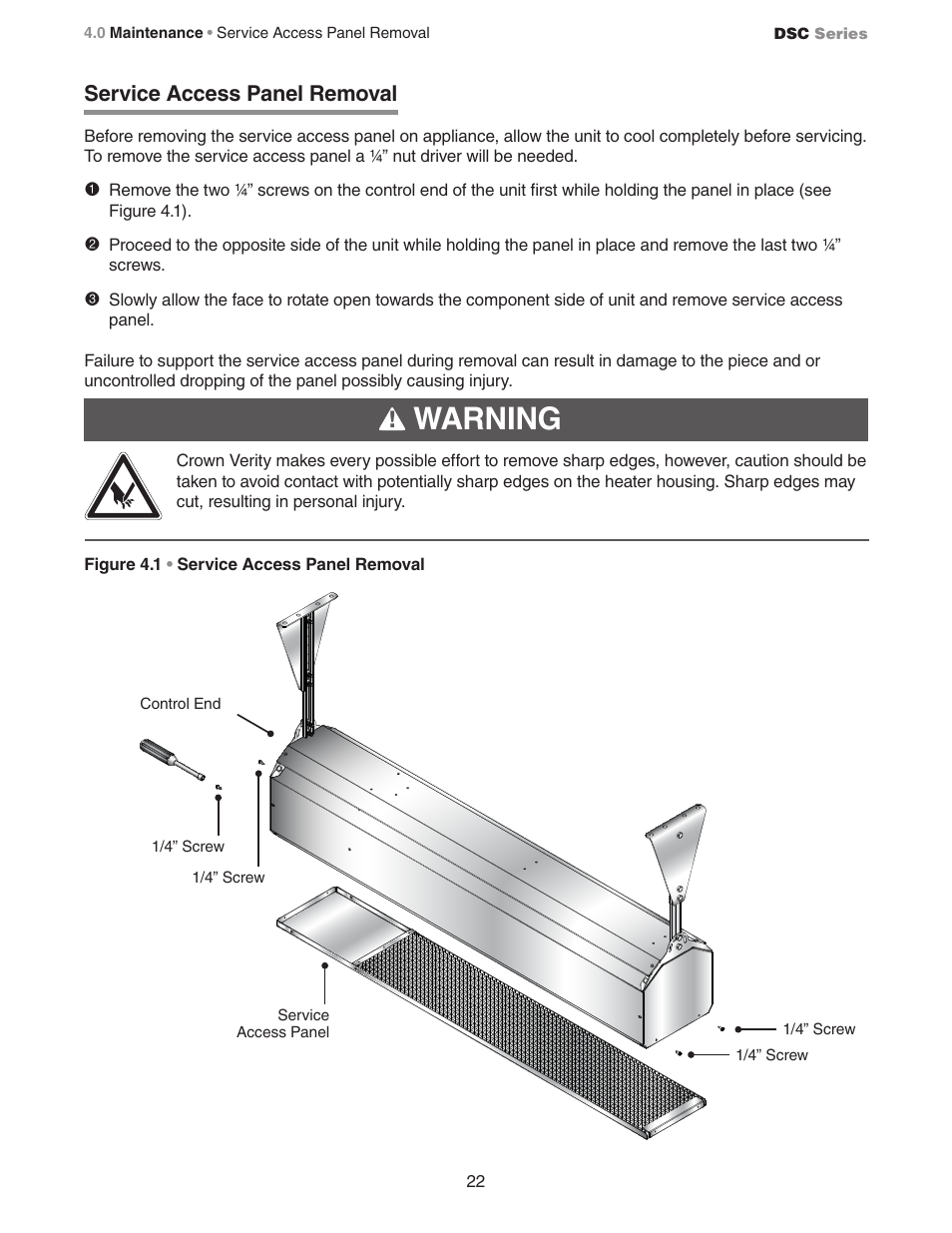 Warning, Service access panel removal | Crown Verity DSC Series User Manual | Page 22 / 28