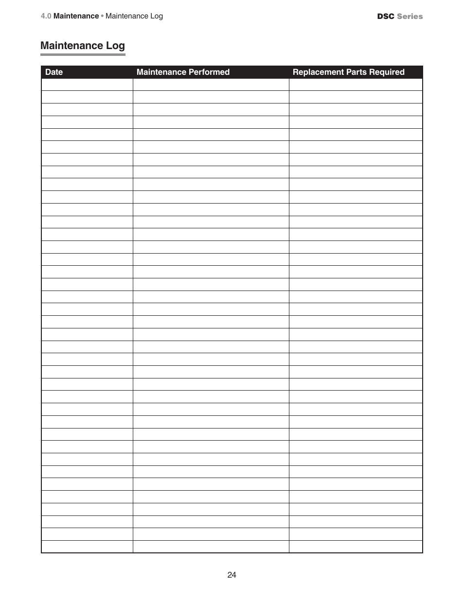 Maintenance log | Crown Verity DSC Series User Manual | Page 24 / 28