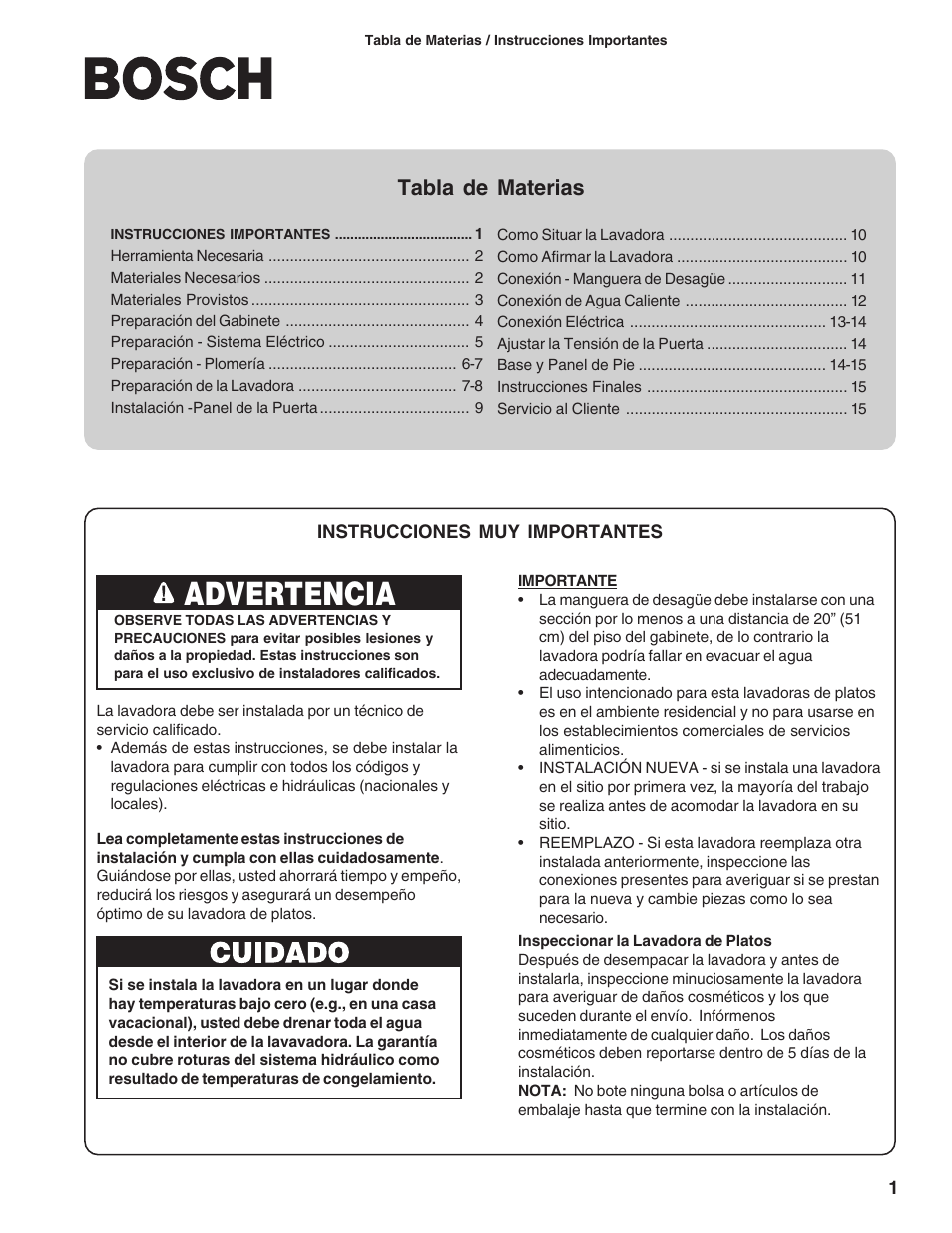 Advertencia, Tabla de materias | Bosch 9000060331 (8503) User Manual | Page 35 / 52