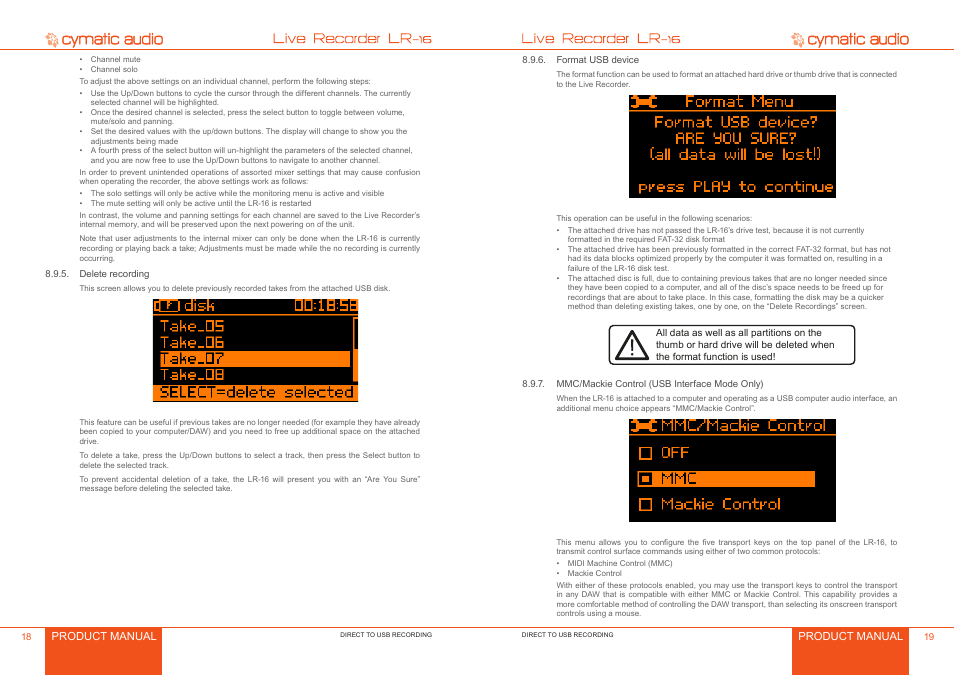Delete recording, Format usb device, Mmc/mackie control (usb interface mode only) | Delete recording 8, Format usb device 9, Mmc/mackie control (usb interface mode only) 9 | Cymatic Audio LR-16 Manual User Manual | Page 10 / 20