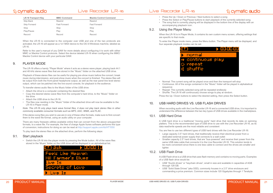 Player mode, Start playback, Using the player menu | Usb hard drives vs. usb flash drives, Usb hard drive, Usb flash drive, Player mode 0, Start playback 0, Using the player menu 1, Usb hard drives vs. usb flash drives 1 | Cymatic Audio LR-16 Manual User Manual | Page 11 / 20