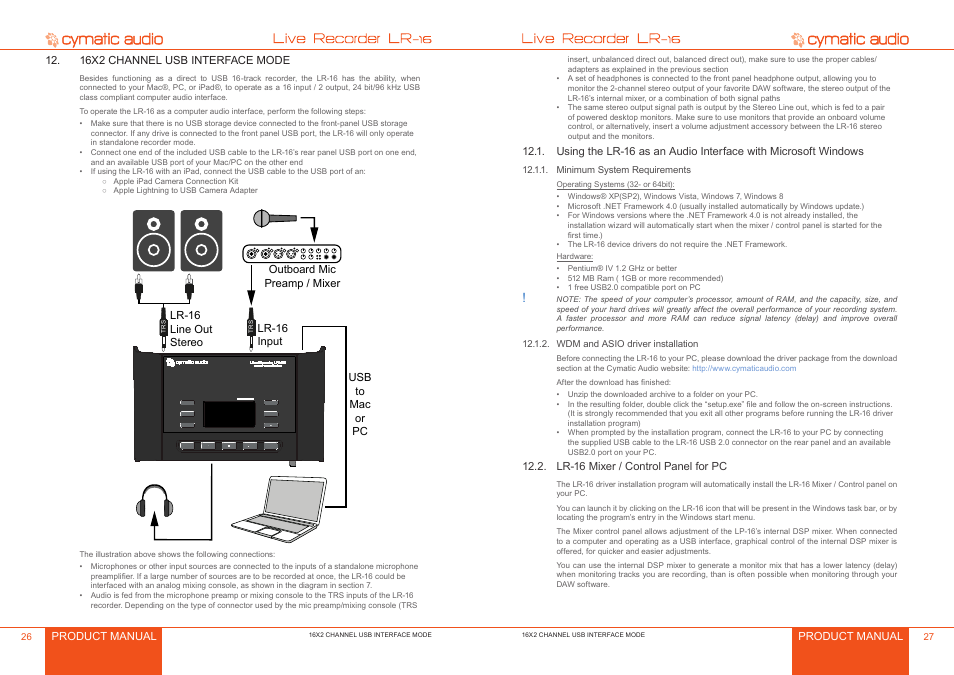 16x2 channel usb interface mode, Minimum system requirements, Wdm and asio driver installation | Lr-16 mixer / control panel for pc, 16x2 channel usb interface mode 6, Minimum system requirements 7, Wdm and asio driver installation 7, Lr-16 mixer / control panel for pc 7 | Cymatic Audio LR-16 Manual User Manual | Page 14 / 20