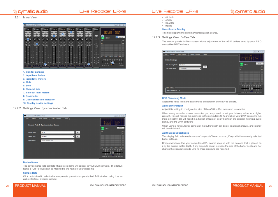 Mixer view, Settings view: synchronization tab, Settings view: buffers tab | Mixer view 8, Settings view: synchronization tab 8, Settings view: buffers tab 9, Product manual | Cymatic Audio LR-16 Manual User Manual | Page 15 / 20