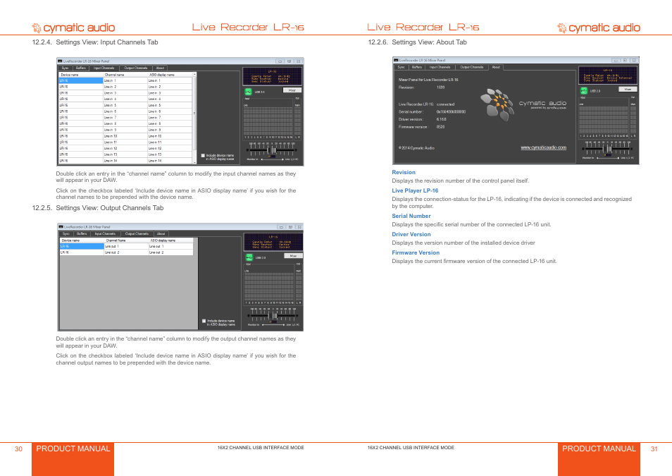 Settings view: input channels tab, Settings view: output channels tab, Settings view: about tab | Settings view: input channels tab 0, Settings view: output channels tab 0, Settings view: about tab 1 | Cymatic Audio LR-16 Manual User Manual | Page 16 / 20