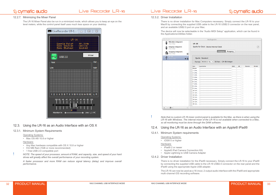 Minimizing the mixer panel, Using the lr-16 as an audio interface with an os x, Minimum system requirements | Driver installation, Minimizing the mixer panel 2, Minimum system requirements 2, Driver installation 3, Minimum system requirements 3 | Cymatic Audio LR-16 Manual User Manual | Page 17 / 20