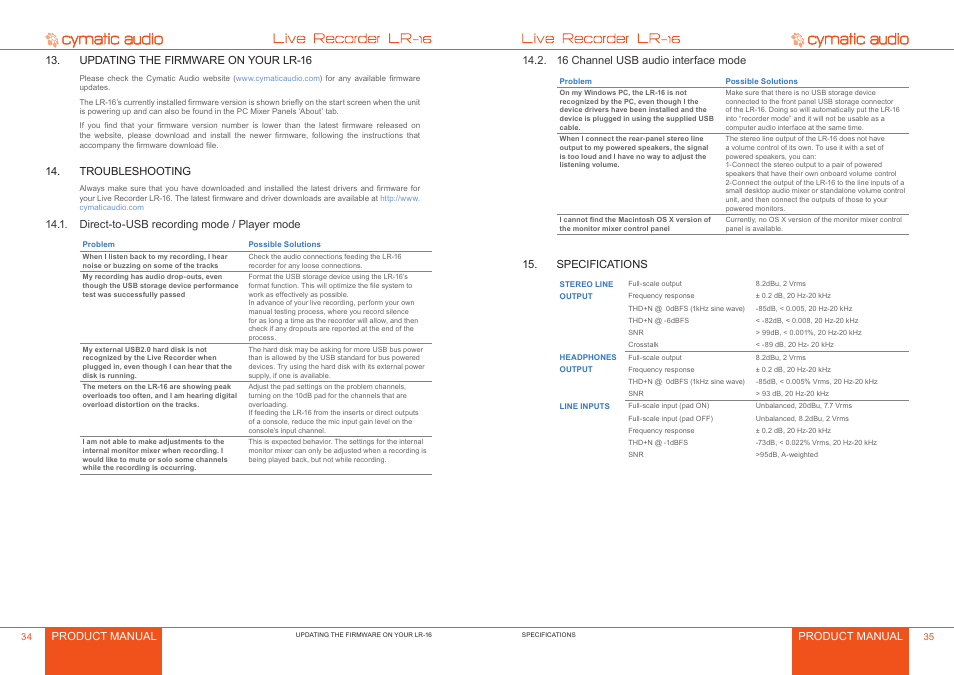 Updating the firmware on your lr-16, Troubleshooting, Direct-to-usb recording mode / player mode | 16 channel usb audio interface mode, Specifications, Updating the firmware on your lr-16 4, Troubleshooting 4, Direct-to-usb recording mode / player mode 4, 16 channel usb audio interface mode 5, Specifications 5 | Cymatic Audio LR-16 Manual User Manual | Page 18 / 20